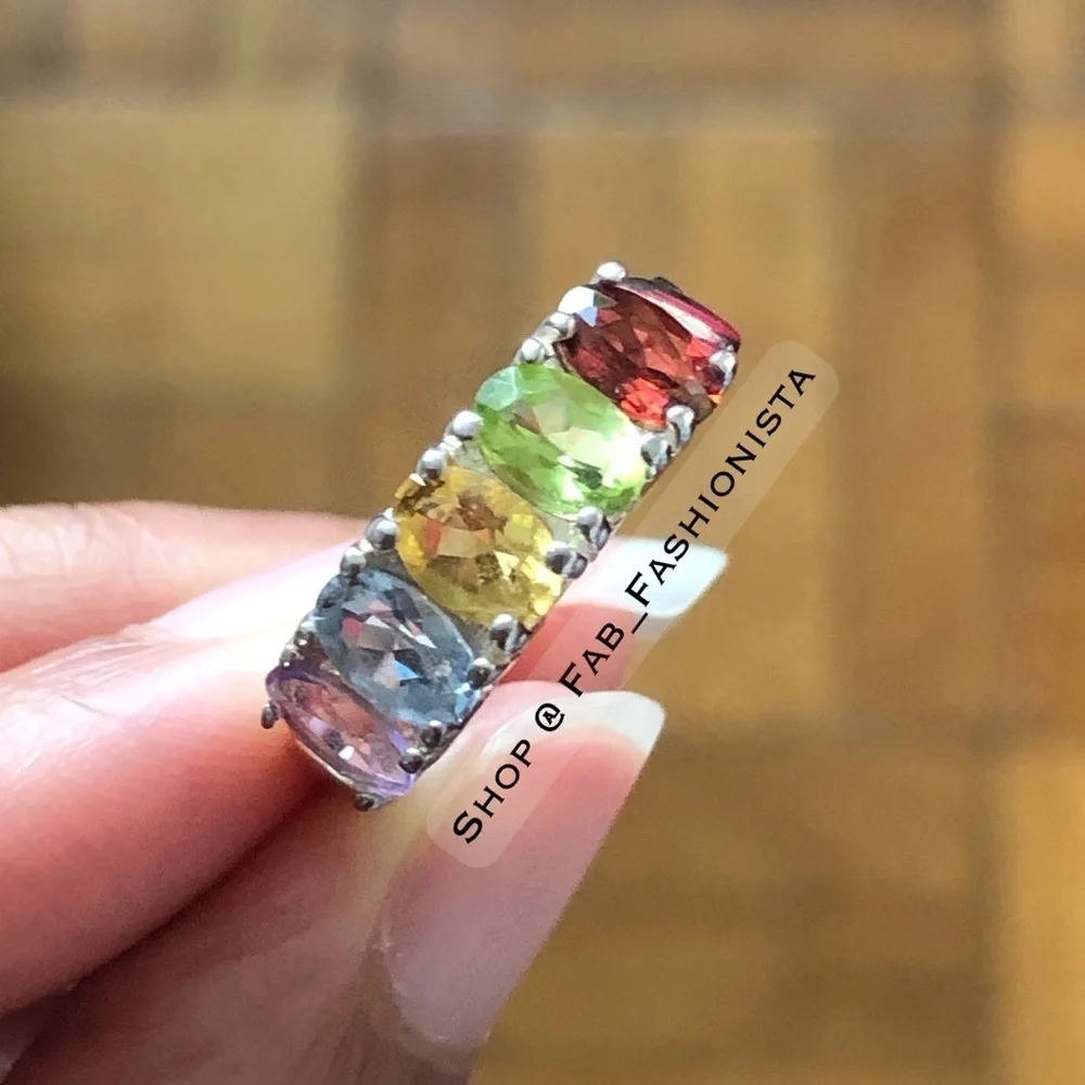 Multi-Stone Gemstone Rainbow Ring Sterling Silver size 5.75